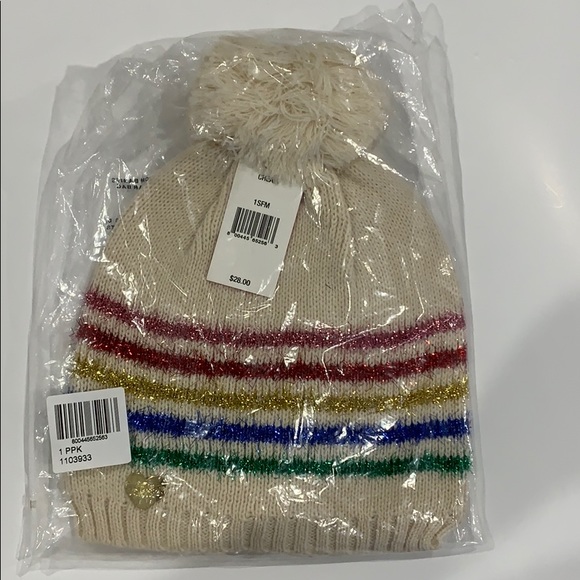 Betsey Johnson| Cream and Rainbow Pom Pom Beanie - Picture 4 of 4